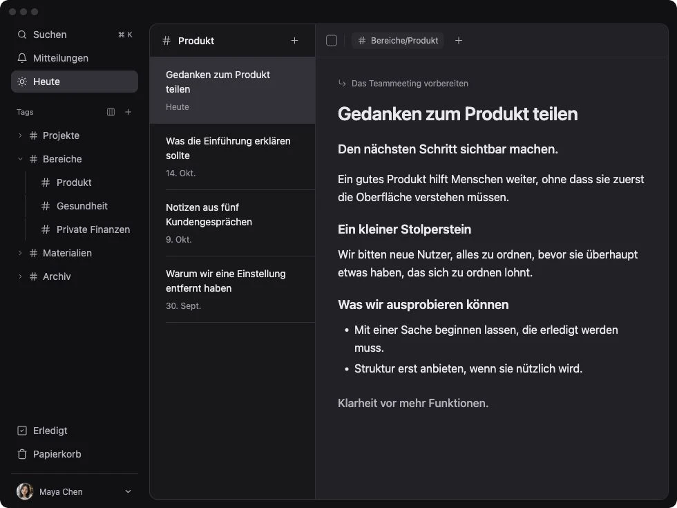 TodoNote mit Mayas Produktnotiz unter Bereiche/Produkt.