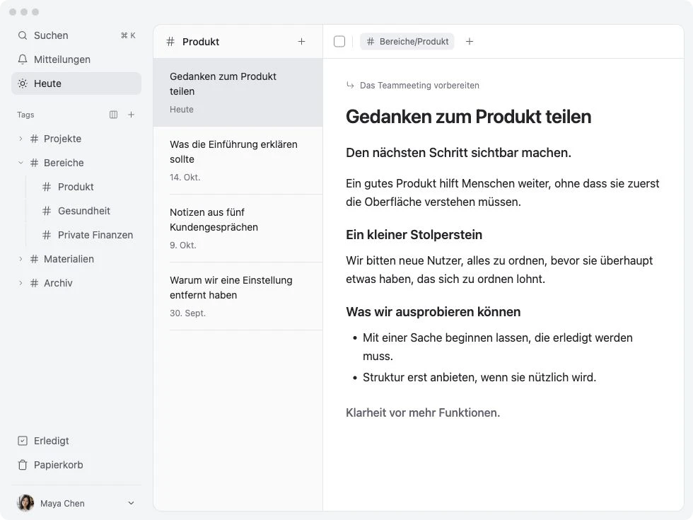 TodoNote mit Mayas Produktnotiz unter Bereiche/Produkt.
