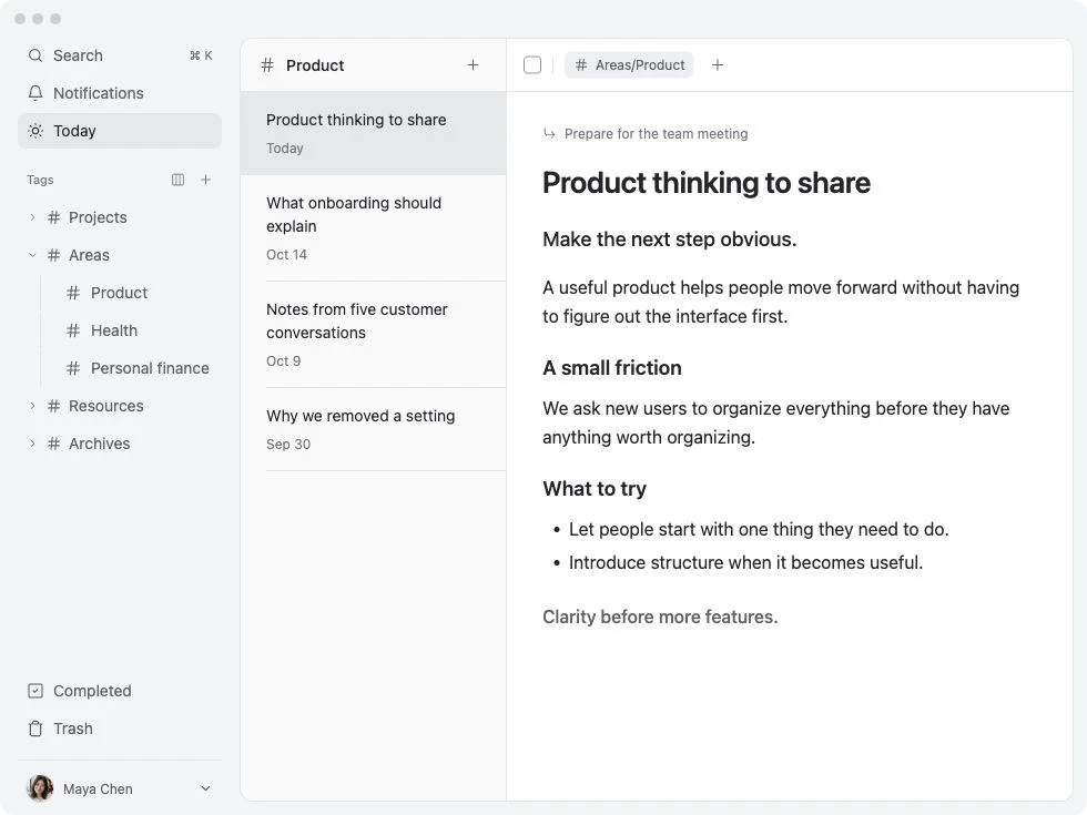 TodoNote with Maya’s product thinking note open under Areas/Product.